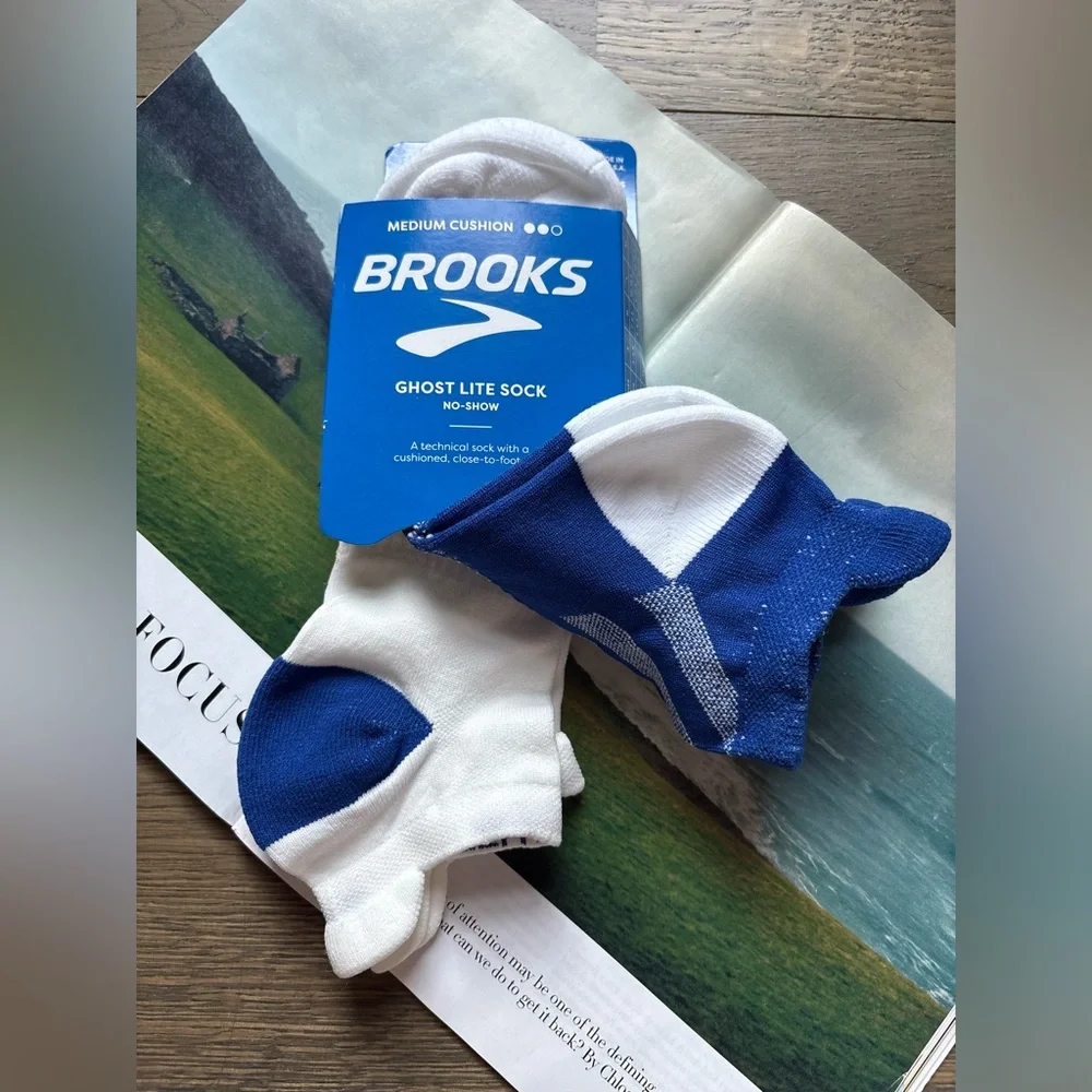 New Brooks Ghost Lite No-Show Running Socks In Blue/White 2-Pack Size L
